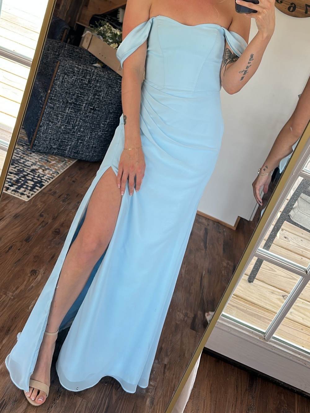 Azazie Light Blue Strapless Off-Shoulder Evening Gown